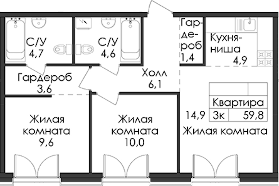 2-комнатная квартира 59.8 м², 5/9 эт., ЖК «Лермонтовский 54»
